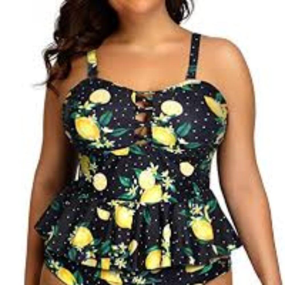 YONIQUE 14W LEMON PRINT SWIMMING TANKINI WOMEN TOP BRAND NWT TUMMY CONTROL